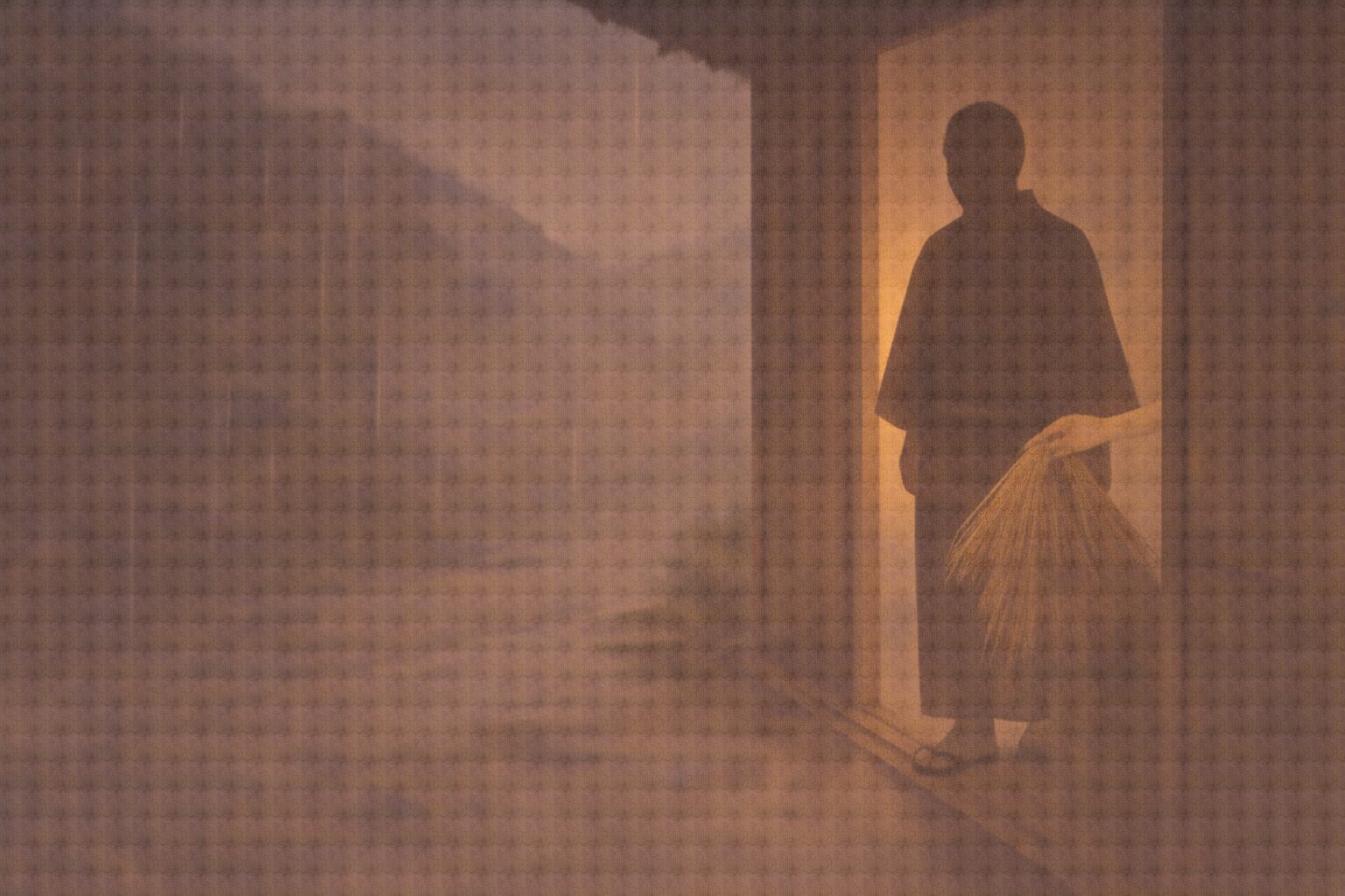 雨の山道で、道灌の影が蓑を求めて戸口に立ち、娘の影が差し出した手元だけが見える一場面