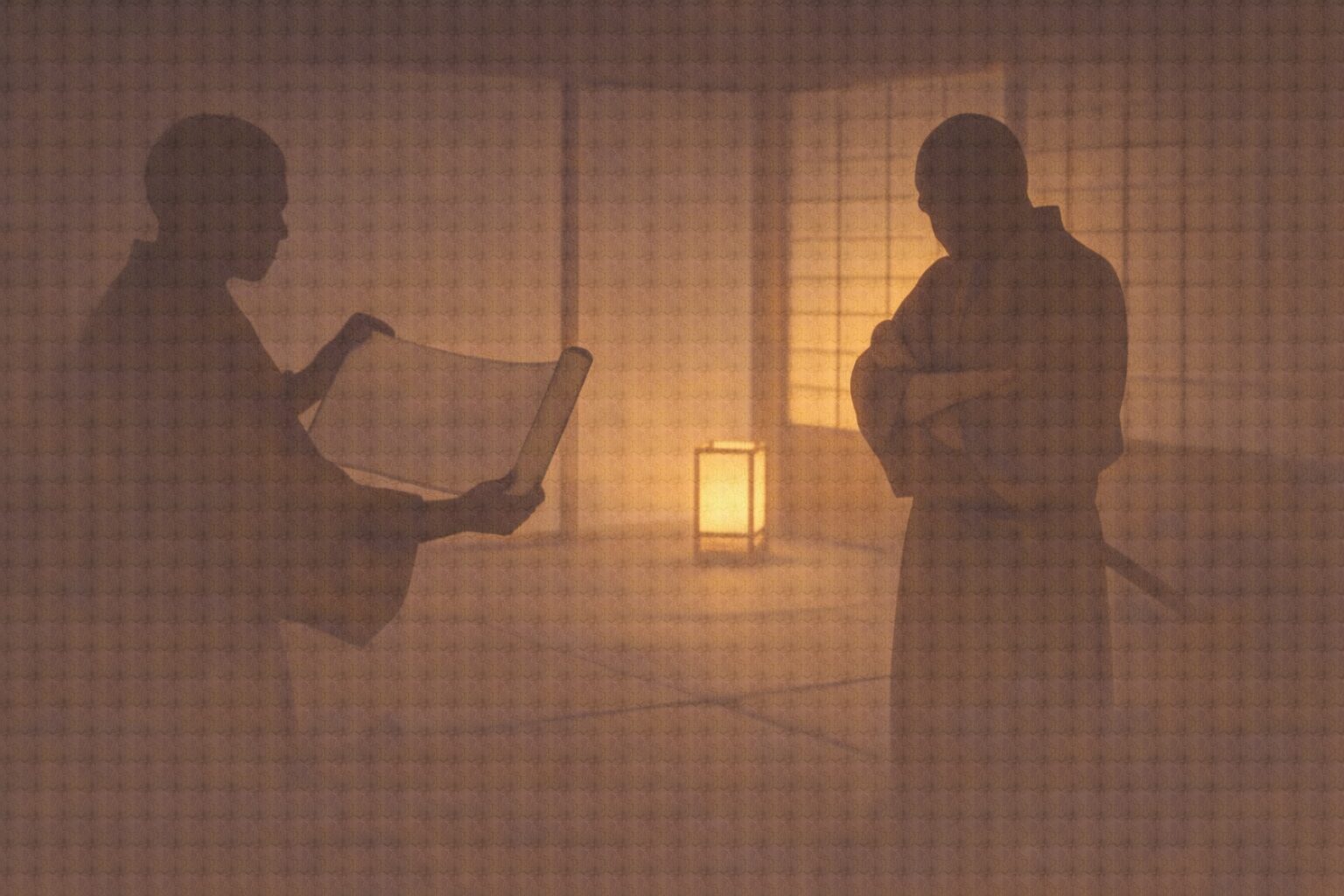 夜の屋敷で、家来の影が巻物を示し、道灌の影が腕を組んでうつむく一場面