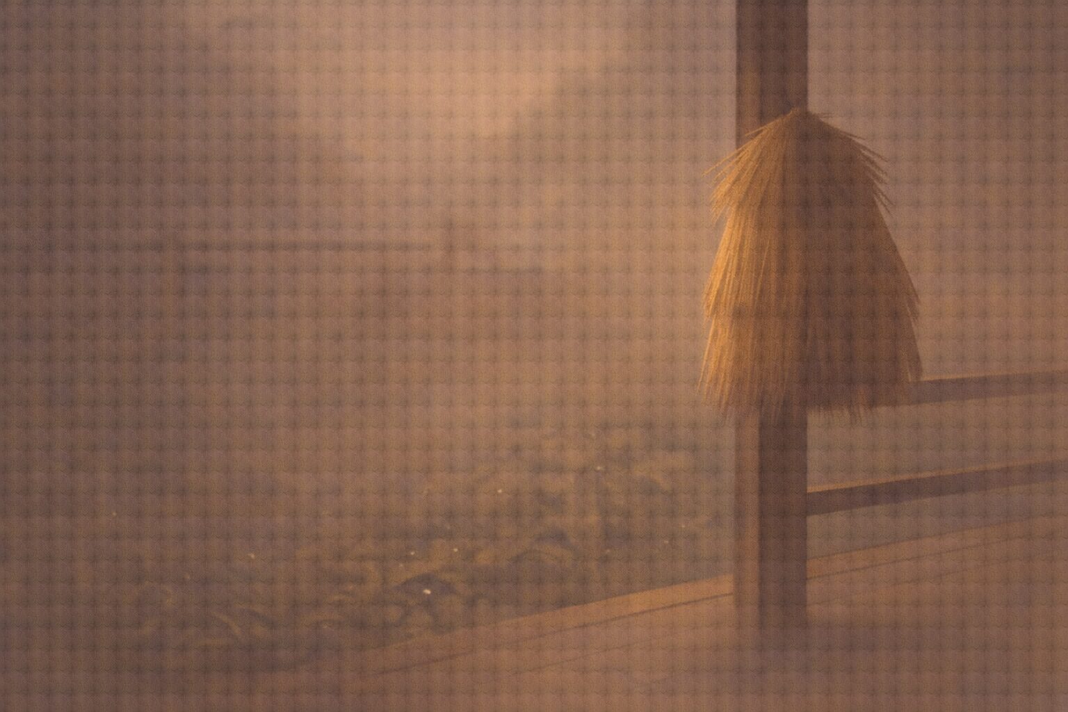 雨上がりの縁側に蓑が一枚掛かり、庭に水滴の気配だけが残る余韻の一場面