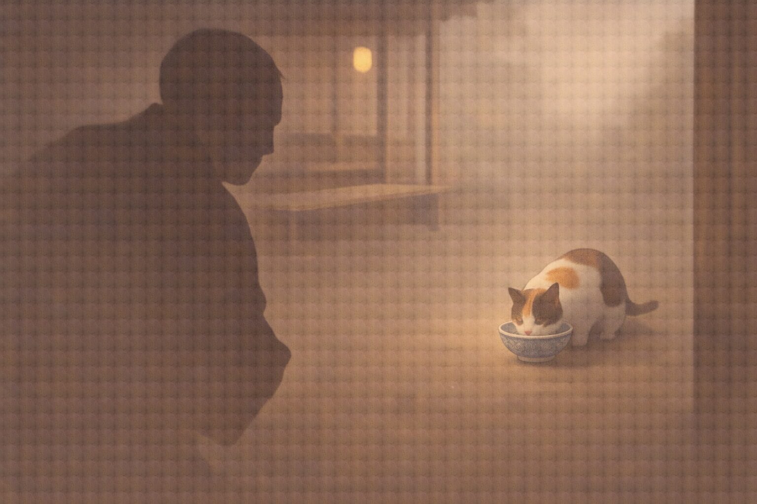 昼の茶店の土間で、猫が飯を食べる器を見つめて道具屋の影が息をのむ一場面