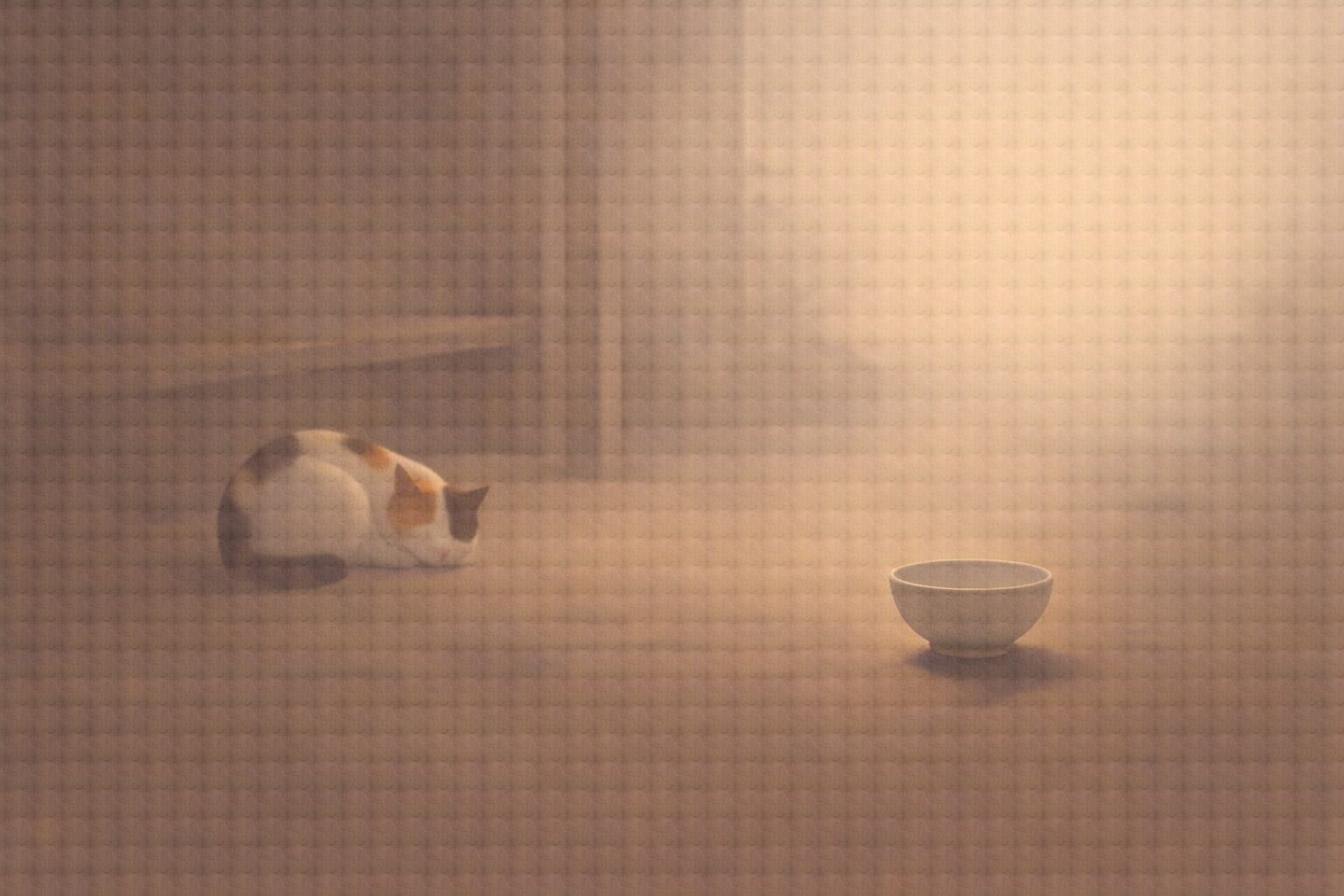 夜明けの茶店の片隅で、猫が丸くなり、素朴な器だけが静かに残る余韻の一場面