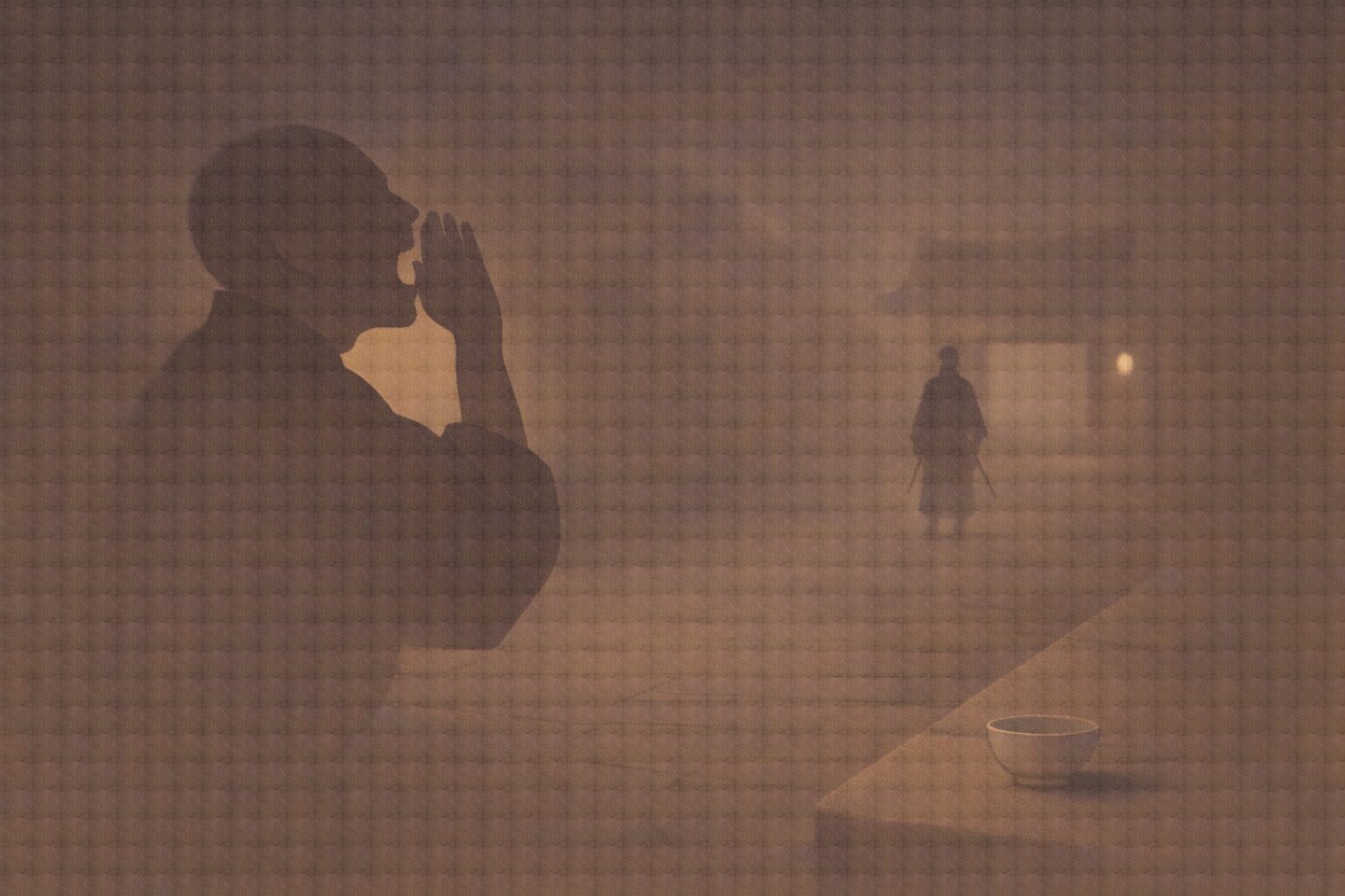 夜の寺町の道で、町人の影が虚勢を張って大声を出し、闇の奥に侍の影が立つ一場面