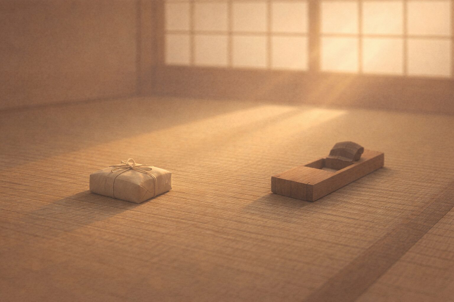 夜明けの畳に小さな銭の包みと鉋が置かれ、障子越しの光が静かに差す余韻の一場面