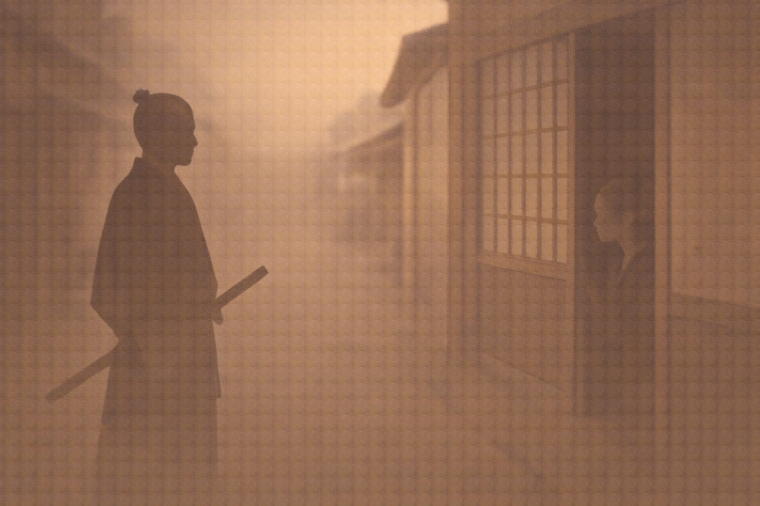 昼の長屋の路地で、武士の影が立ち、家の戸口から妹の影がそっと顔をのぞかせる一場面