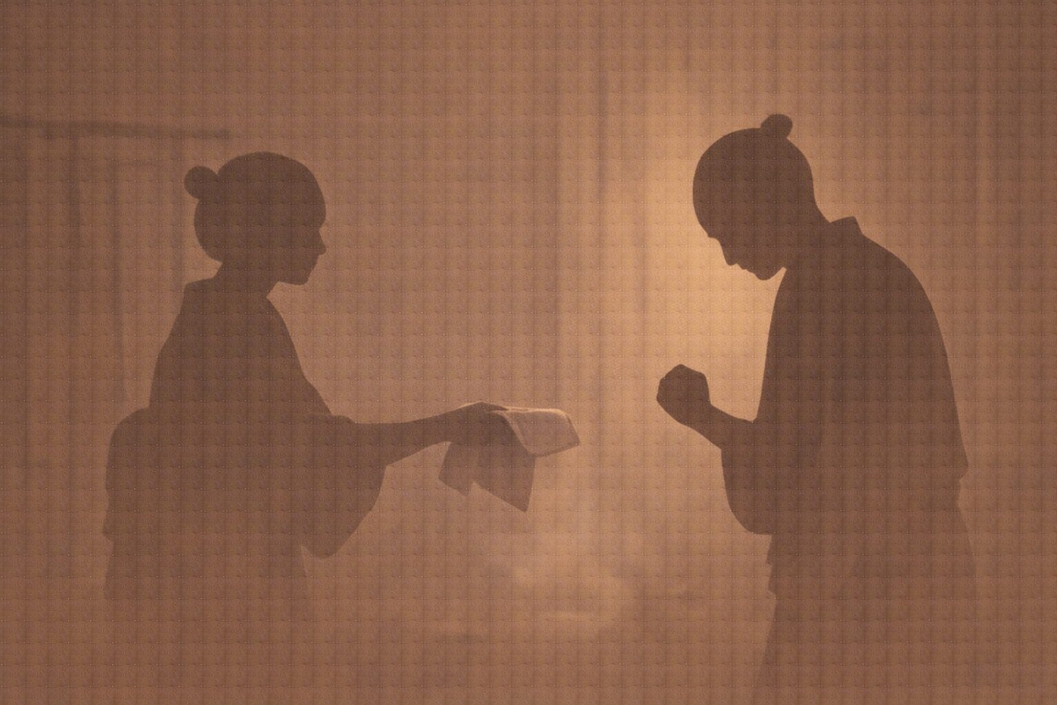夜の楽屋で、女房の影が手ぬぐいを差し出し、仲蔵の影がうつむきながらも拳を握り直す一場面