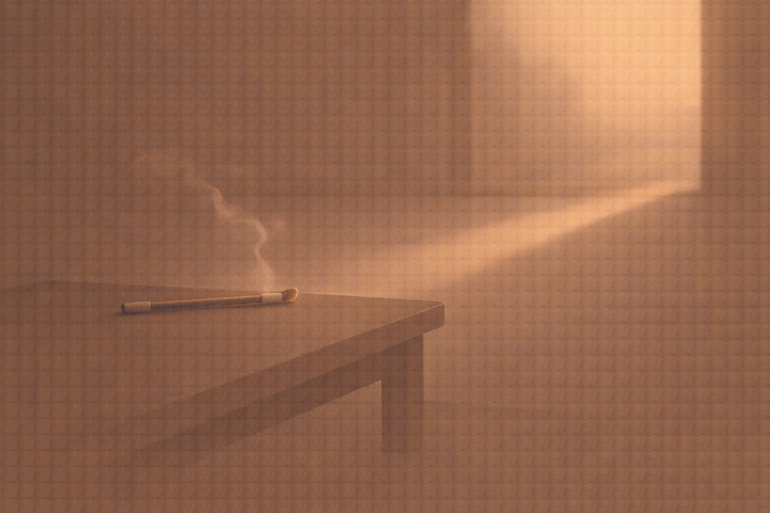 夜明けの卓に煙管が一本だけ置かれ、淡い光が細く伸びる余韻の一場面