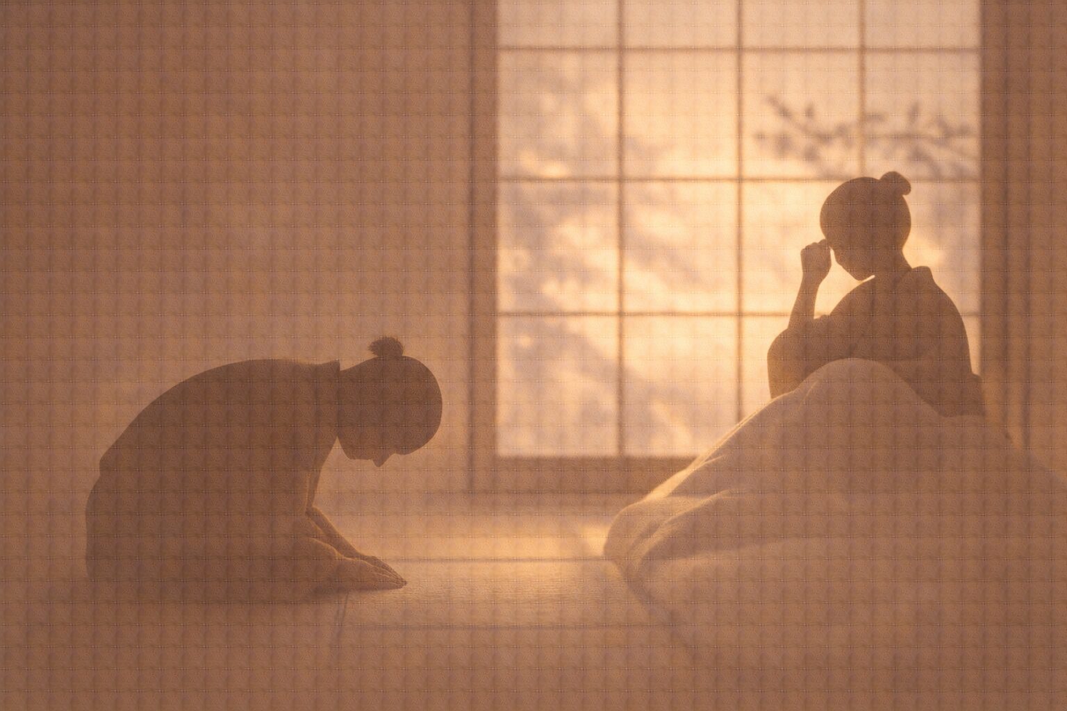 元旦の朝の座敷で亭主が正座し、女房が眠そうにしている落語三年目の場面