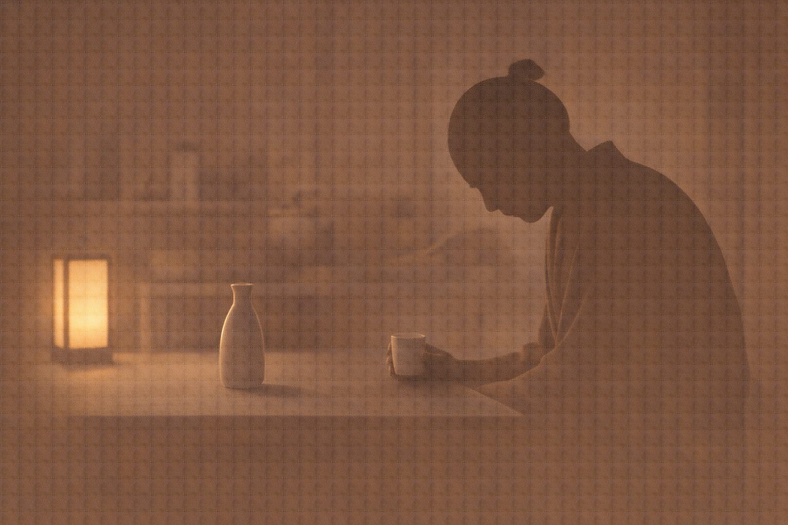 夜更けの台所に徳利が残り、亭主がひとり肩を落とす落語三年目の場面