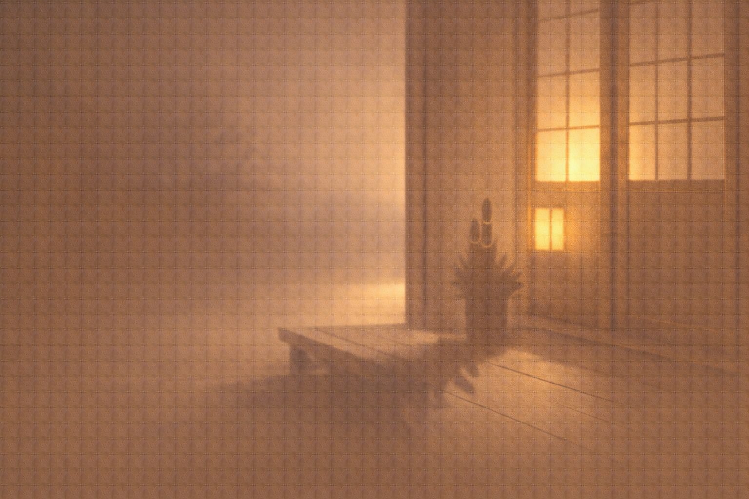 夜明けの縁側に門松の影が伸びる落語三年目の余韻ある場面