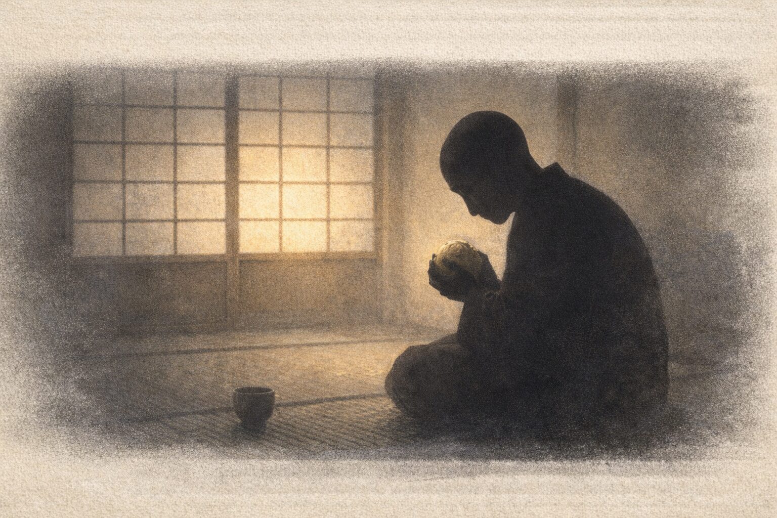 長屋の薄暗い一室、餅を手にした坊主の影が障子の前でうずくまる一場面