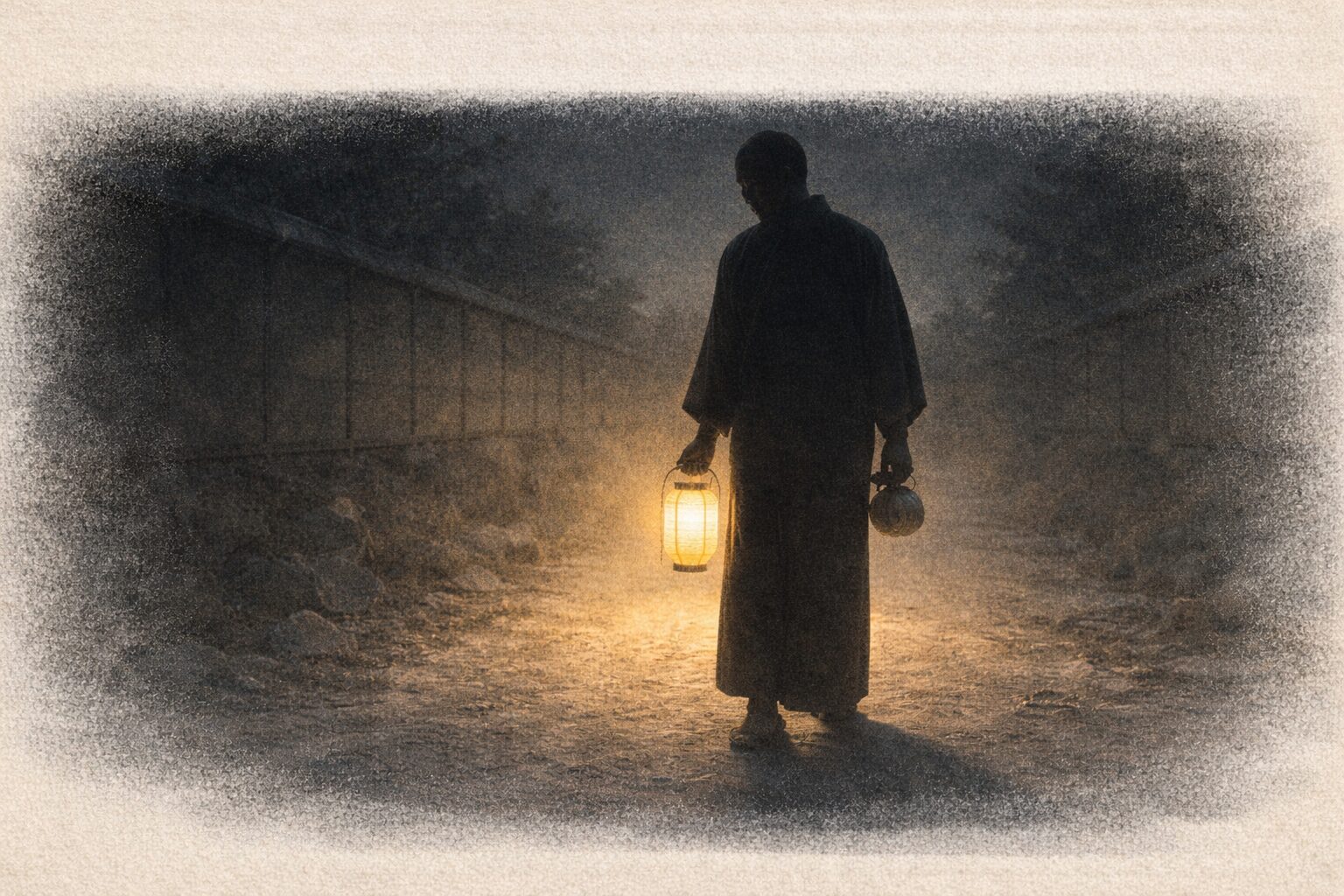 火葬場へ向かう夜道、提灯の淡い光の中で男の影が小さな包みを握りしめる一場面
