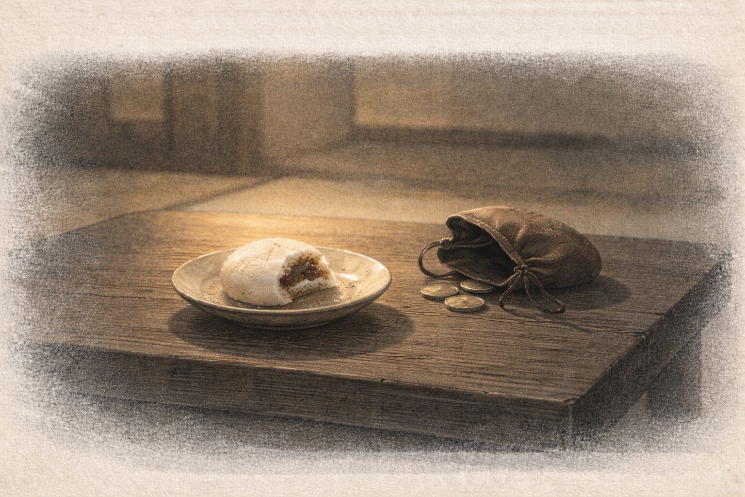 食べかけの餅が置かれた小さな皿と、横に転がる小銭入れの口だけが開いている静かな一場面