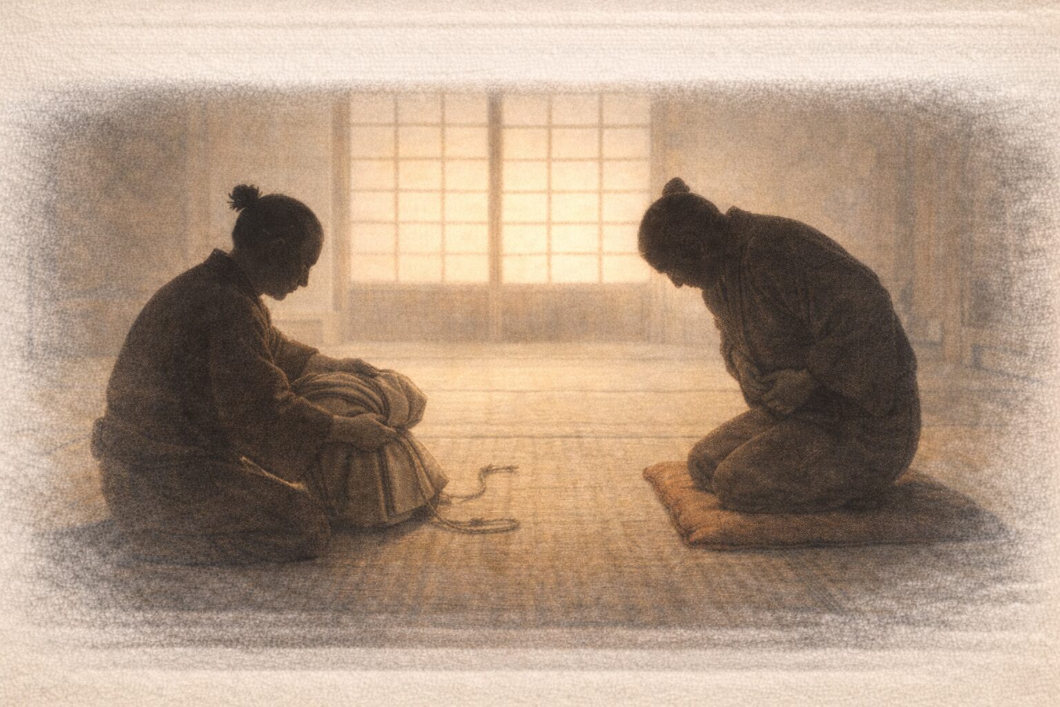 商家の座敷で番頭の影が帯を整え、旦那の影が腹を隠すように前かがみになる一場面