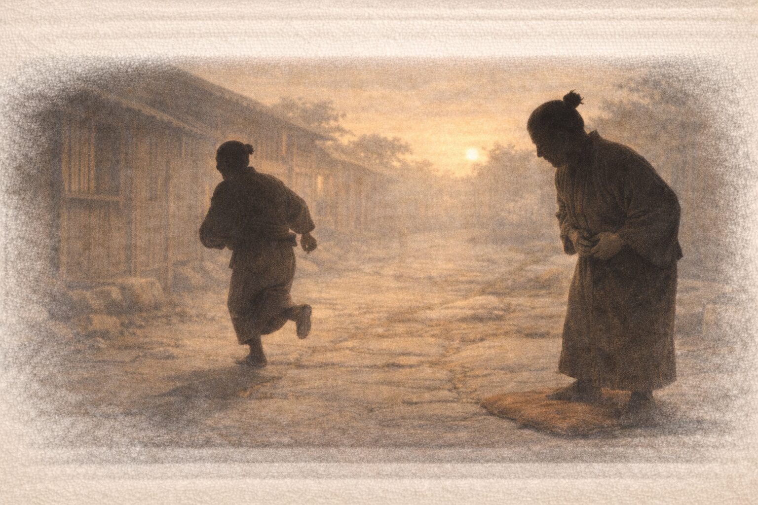 夕方の路地で番頭の影が小走りに駆け、背後で旦那の影が腹を押さえて立ち止まる一場面