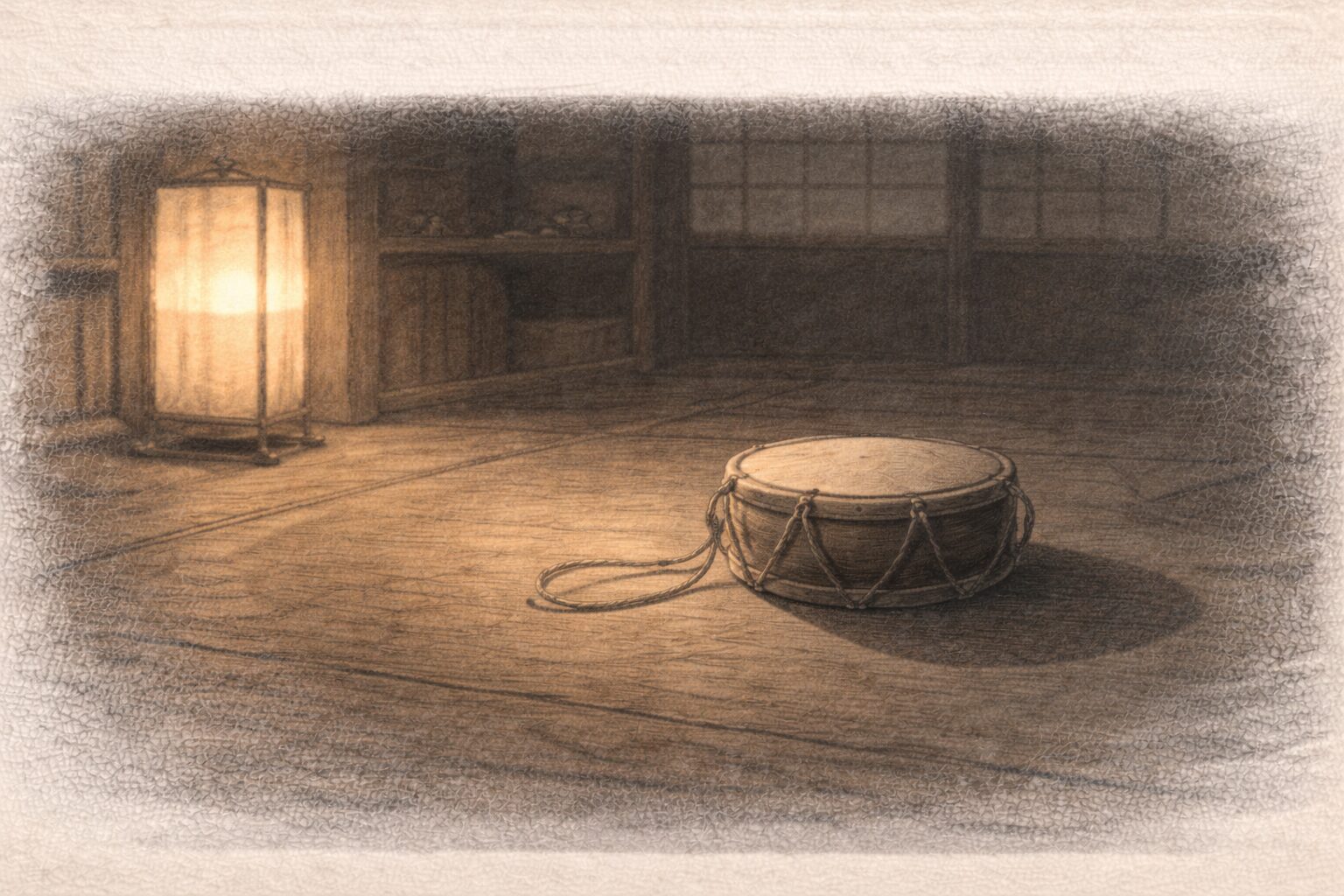 夜の帳場に小さな太鼓の輪郭だけが置かれ、行灯の光で丸い影が床に落ちる余韻の一場面