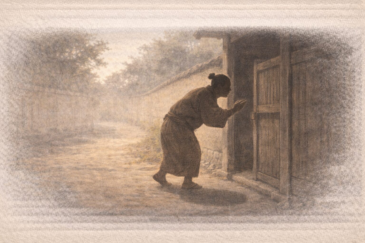 昼下がりの路地、隠居宅の門口で八五郎の影が身を乗り出して話し込む一場面