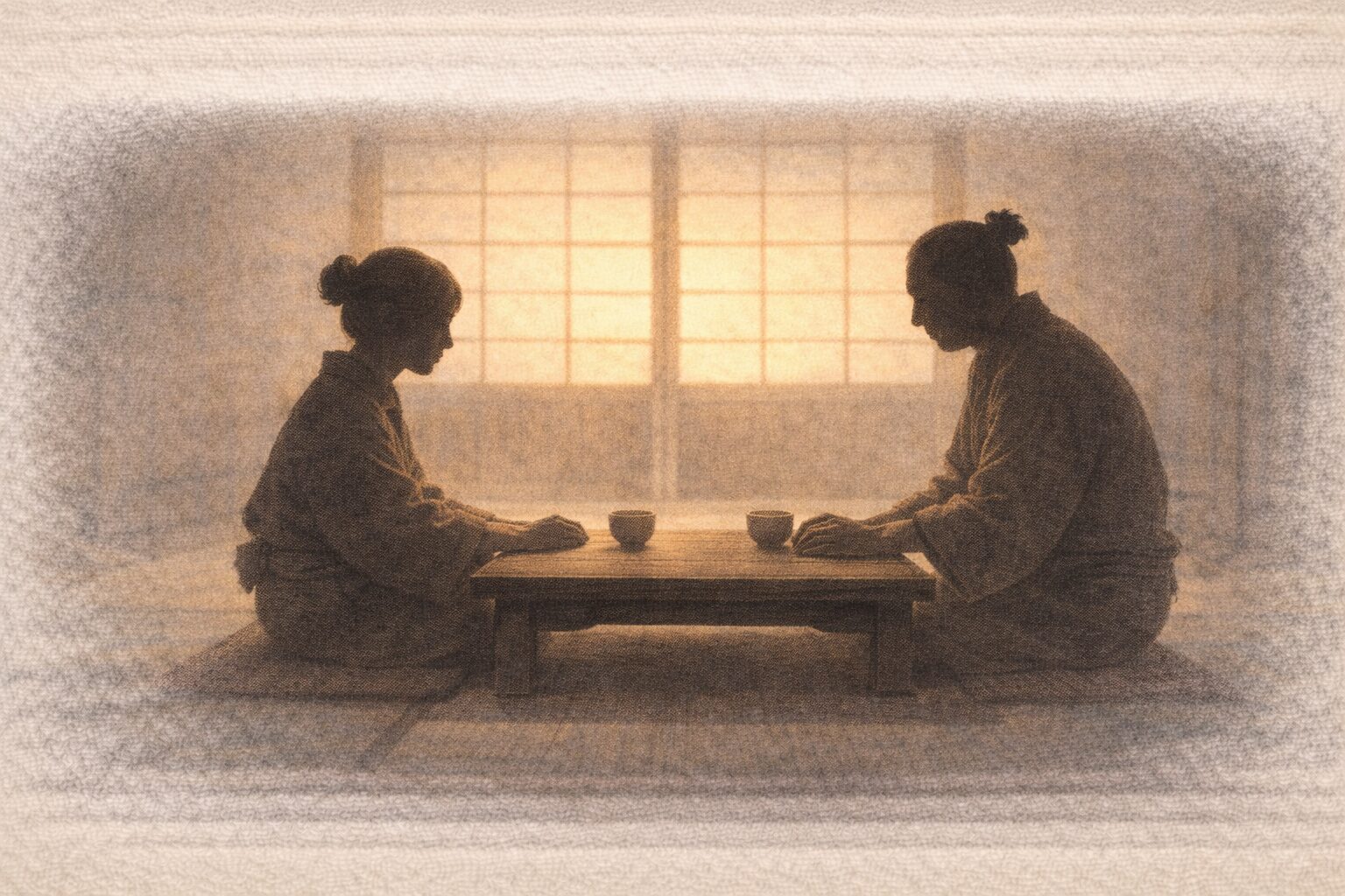 障子越しの夕方の光、差し向かいの膳をはさんで夫婦の影が静かに向き合う一場面