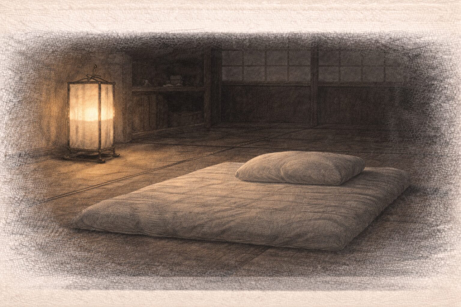 夜更けの部屋、火の消えかけた行灯と、整えられた枕だけが残る静かな余韻の一場面