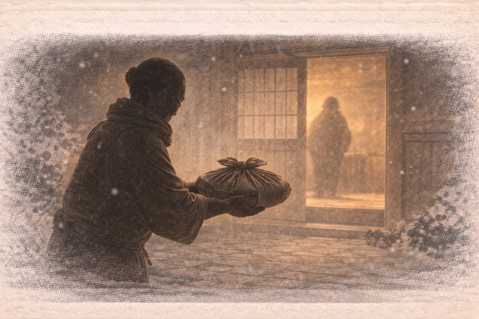冬の夕方、家の玄関先で客の影が風呂敷包みを差し出す一場面