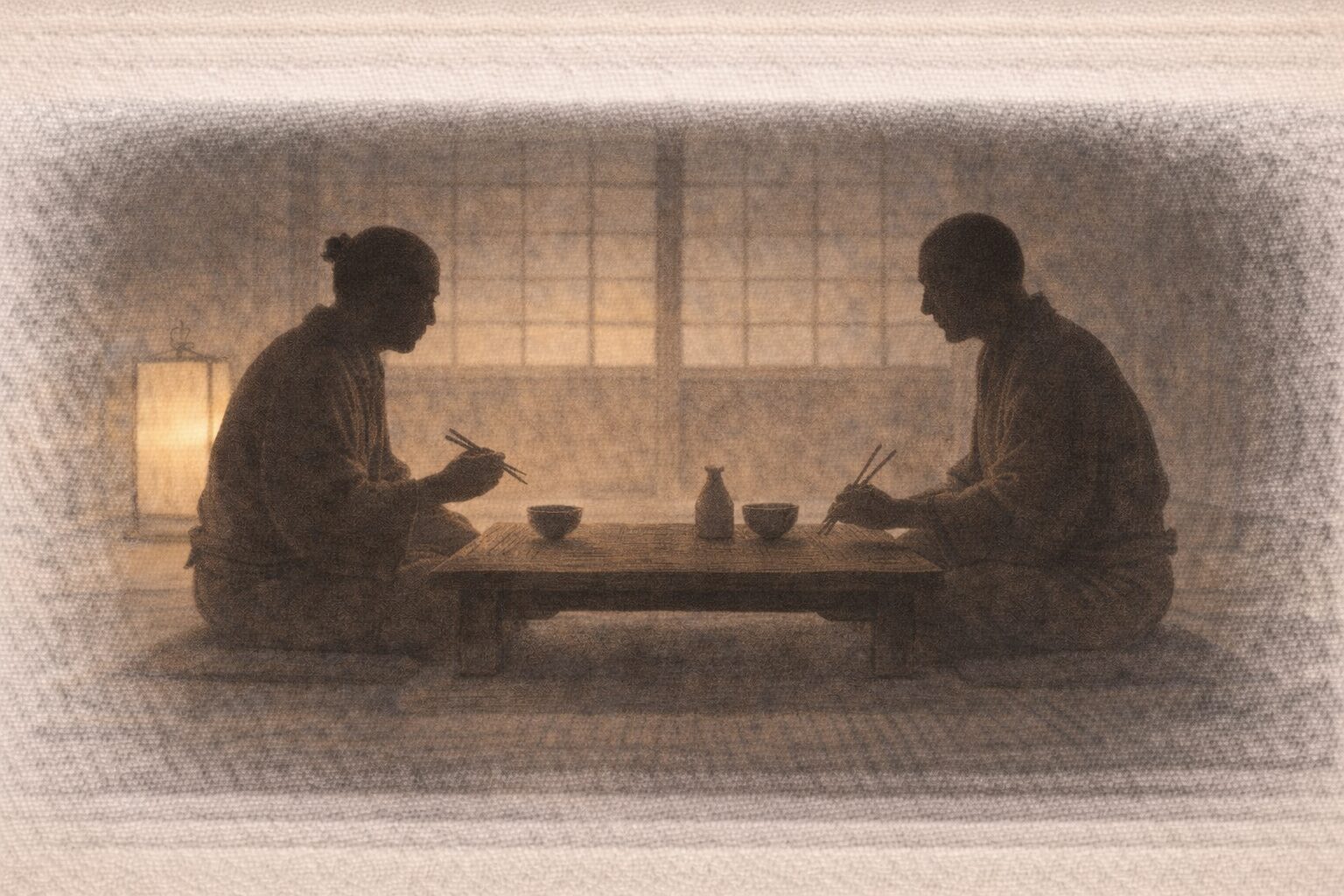 夜の座敷、膳をはさんで主人と客の影が箸を止めたまま見つめ合う一場面