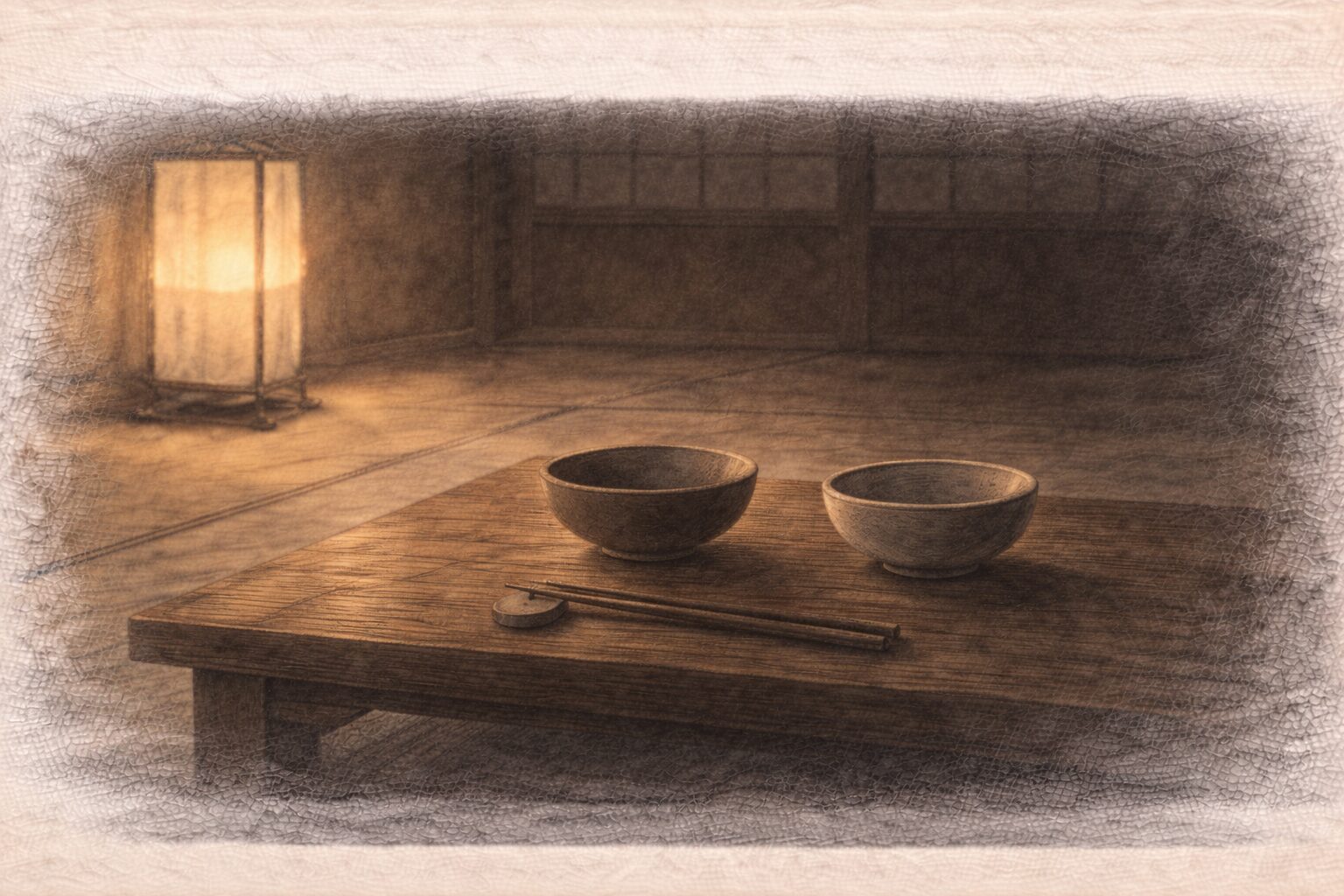 食後の静かな卓、空の椀と箸置きだけが残り、行灯の光が薄く落ちる余韻の一場面