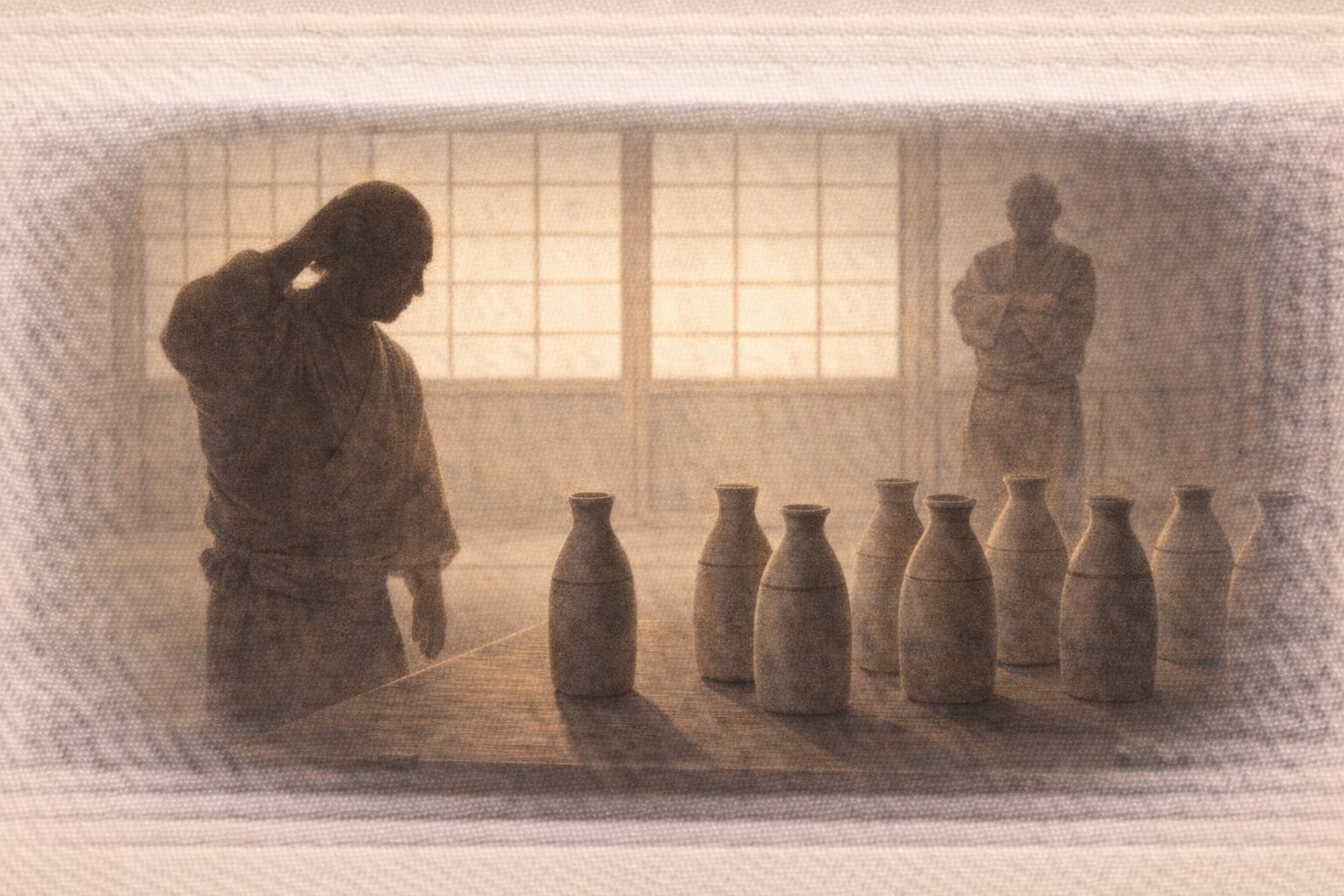 昼の座敷、徳利がいくつも並ぶ前で番頭の影が戸惑い、奥で旦那の影が腕組みする一場面