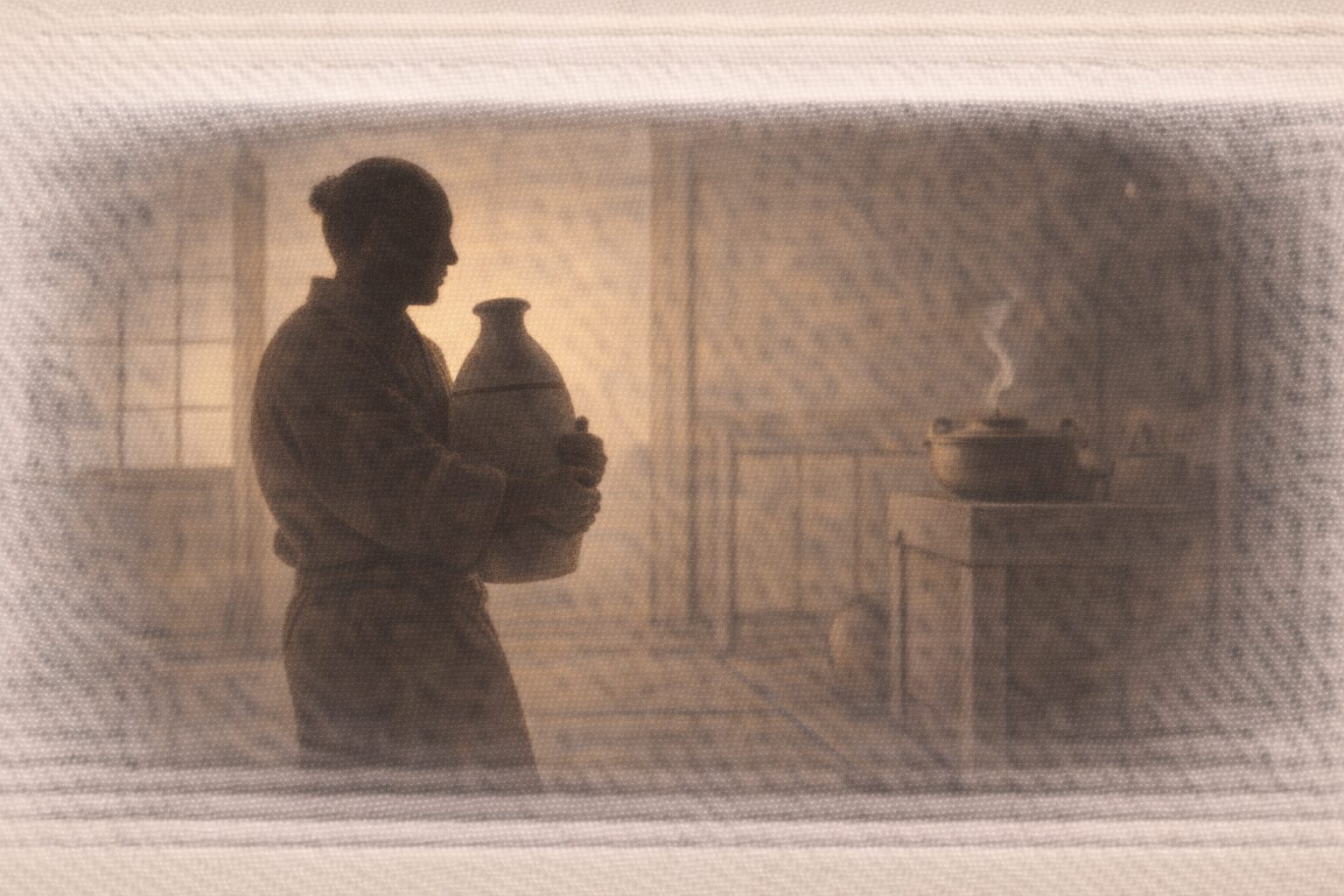 夕方の台所、番頭の影が大きな徳利を抱えて運び、湯気の立つ燗銅壺が見える一場面