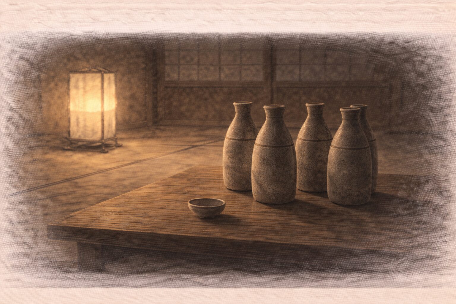 夜の座敷、空になった徳利が静かに並び、盃が伏せられている余韻の一場面