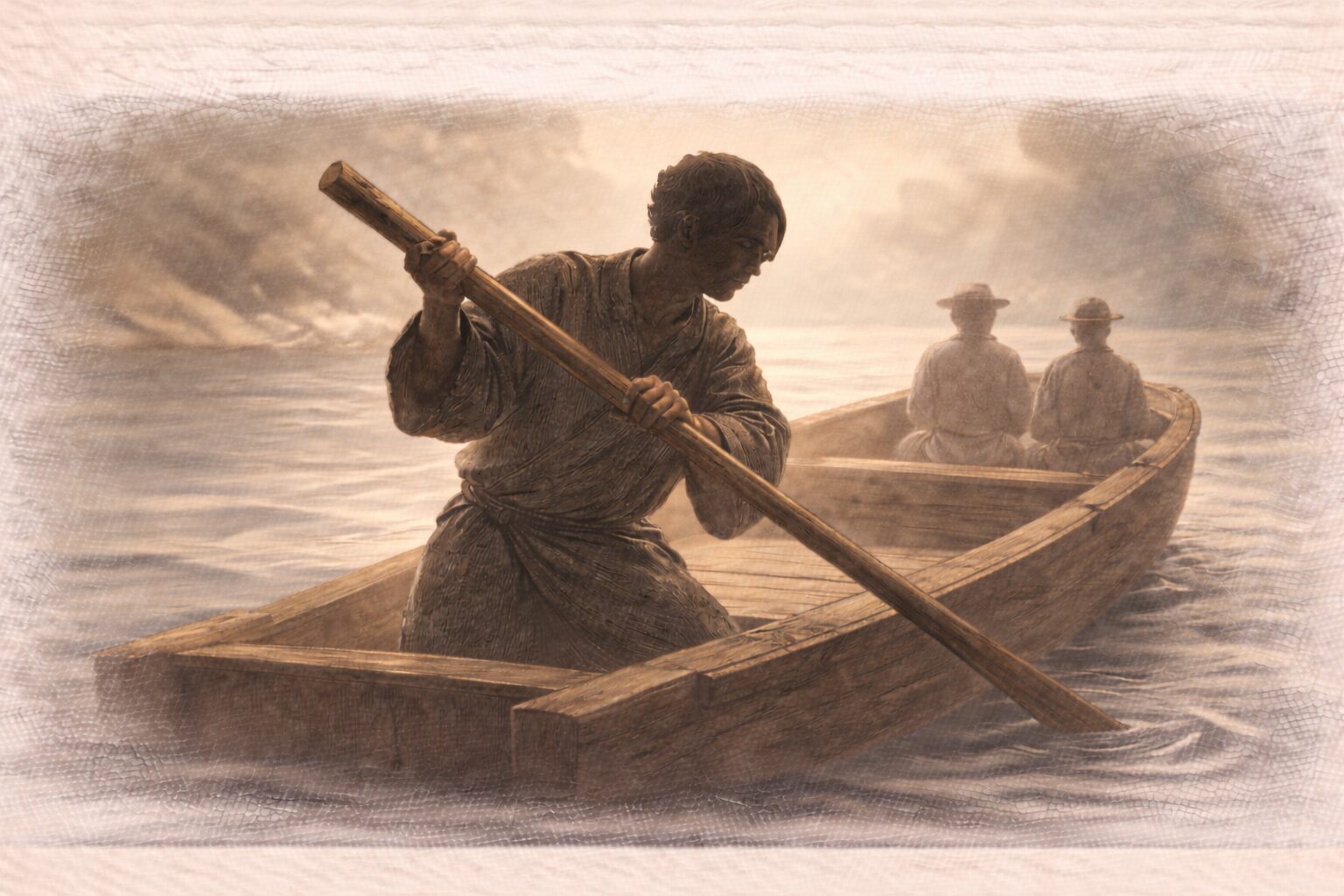 昼の川面、舟の上で若旦那の影が櫓を構えるが手元が不安定な一場面