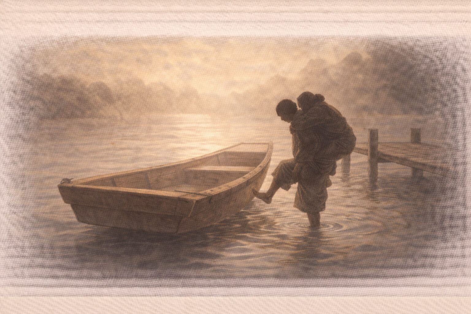 夕方の河岸、桟橋の手前で舟が斜めに止まり客の影が水へ降りる一場面