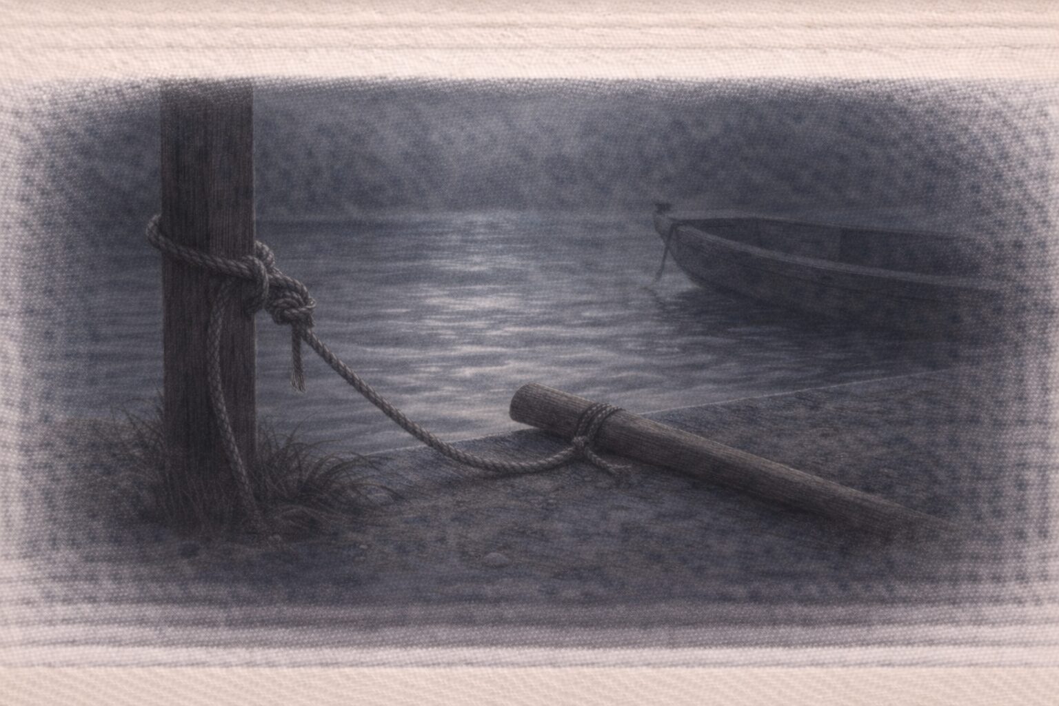 夜の川辺、結びが甘い舟の綱が柱に掛かり櫓だけが静かに残る余韻の一場面