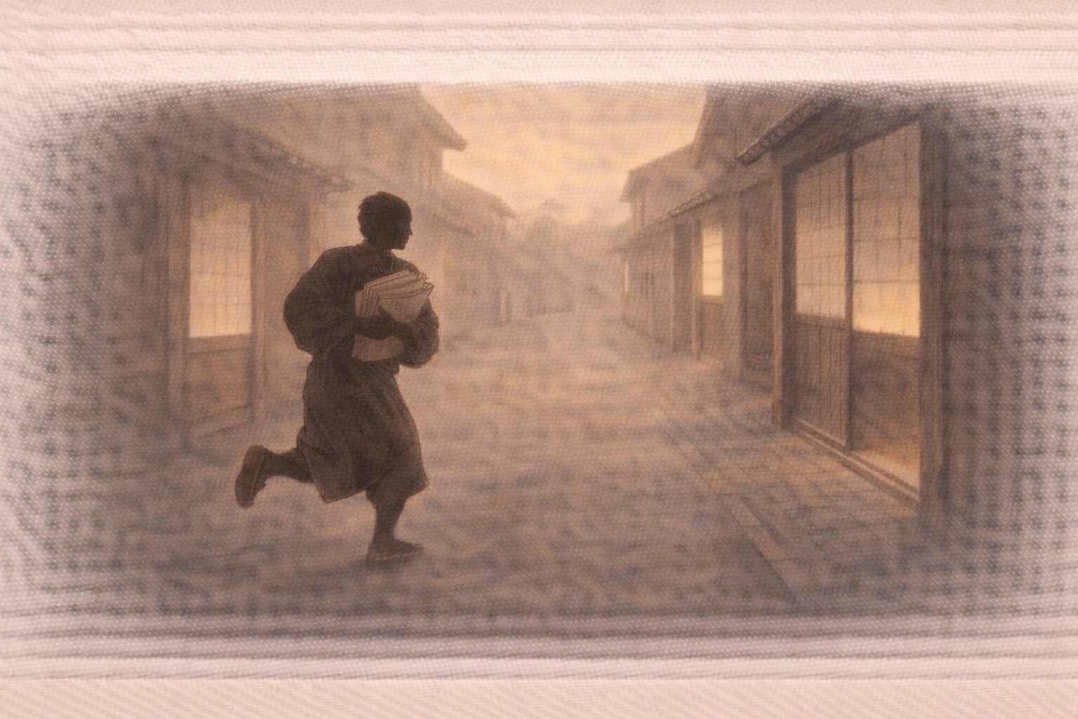 夕方の町内、番頭の影が招待状を抱えて急ぎ足で回り、家々の戸が半分閉まっている一場面