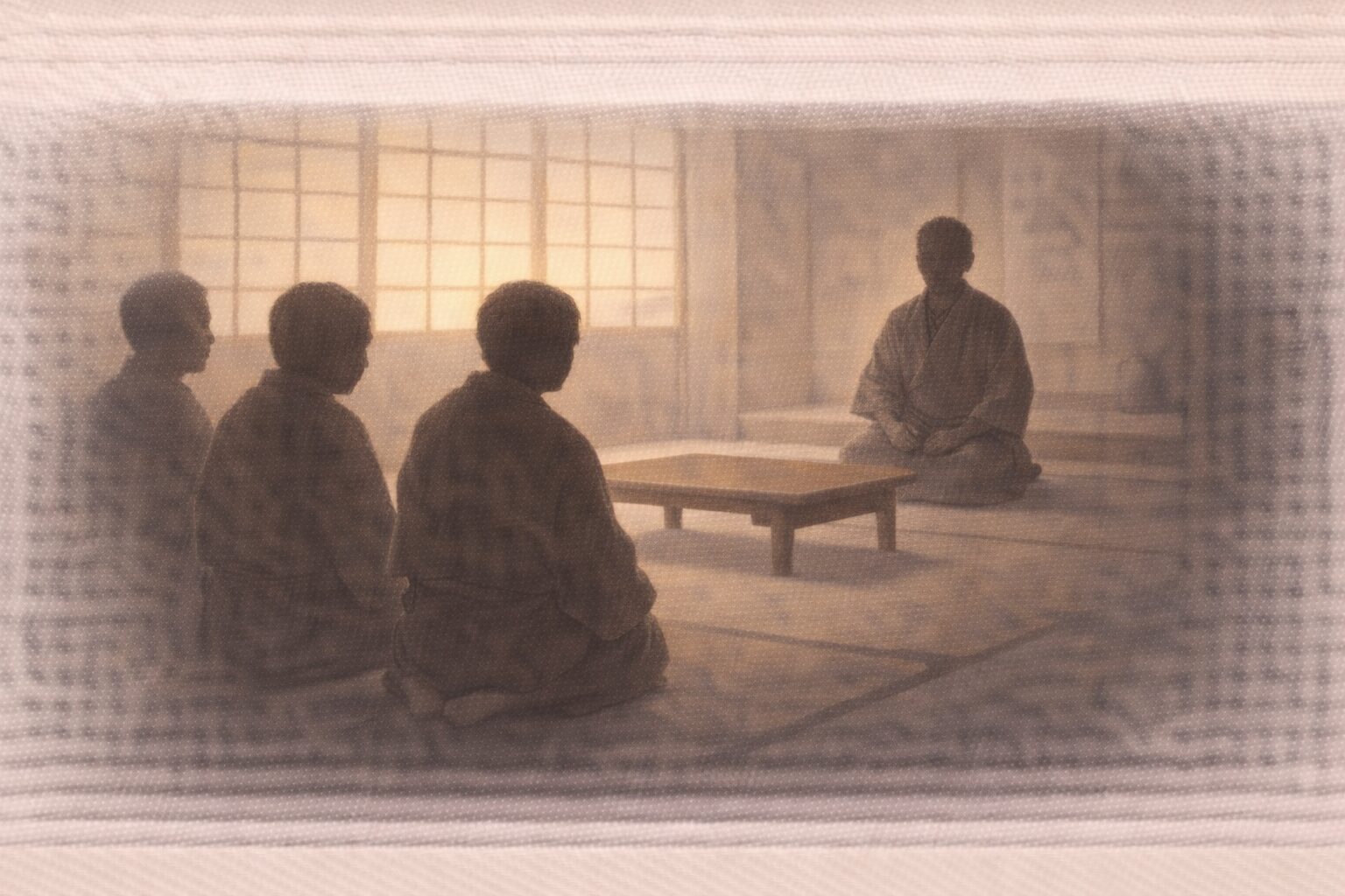 昼の座敷、低い卓をはさんで客たちの影が正座で固まり、奥の床の間側に旦那の影が構える一場面