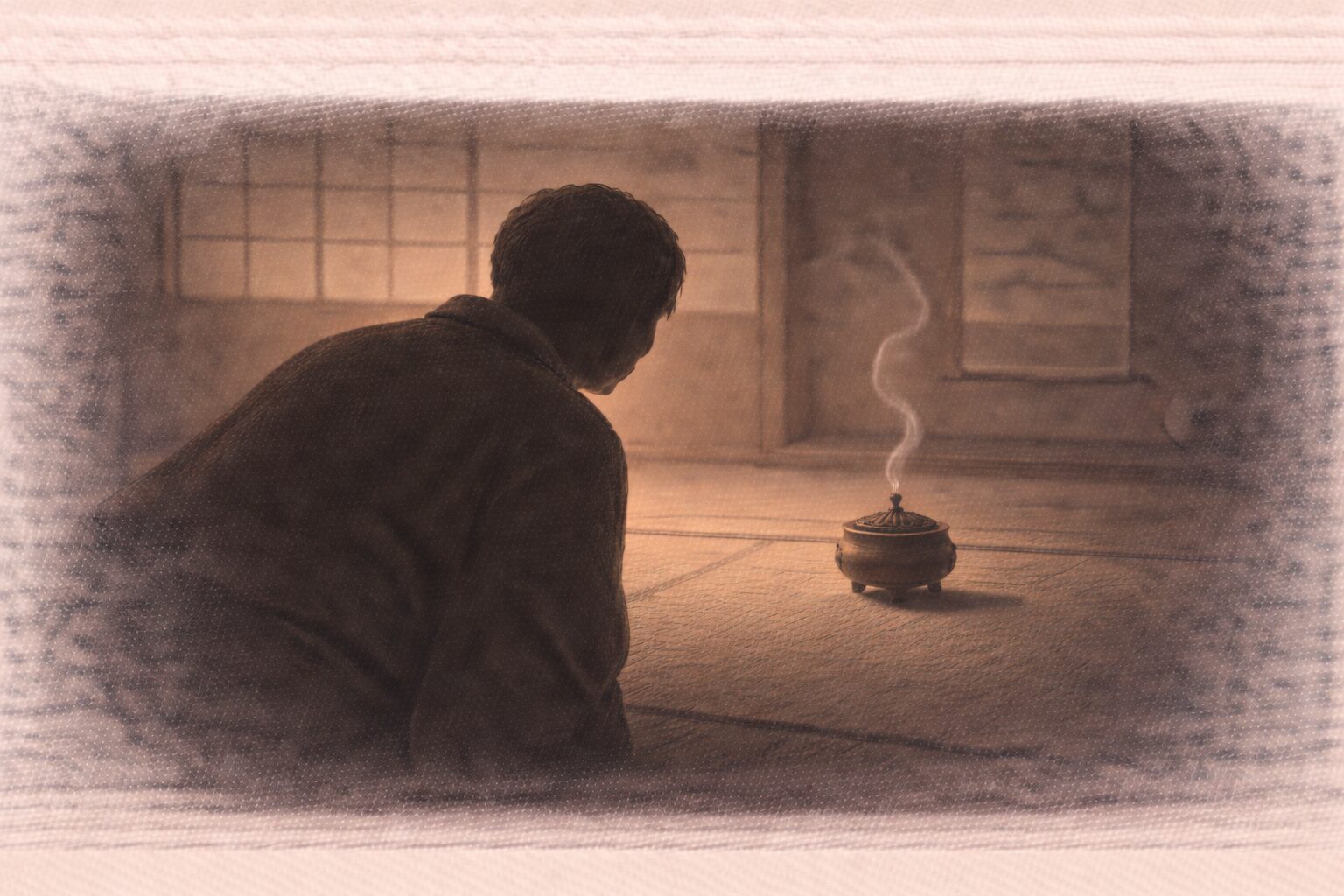 薄暗い座敷で香炉の煙を見つめる男の影が静かに息を止める一場面