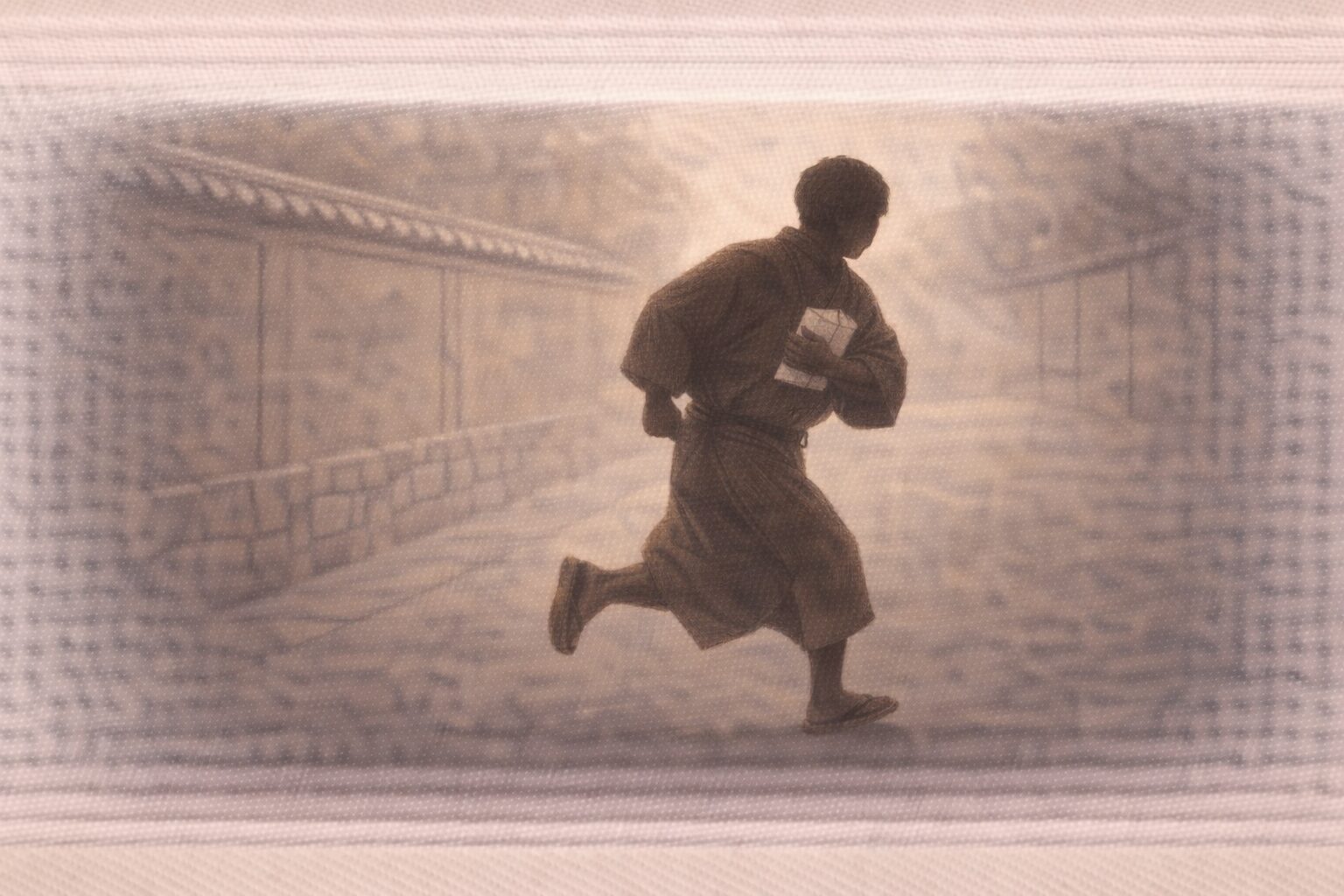 昼の路地、香木を包んだ小さな紙包みを手に男の影が急ぎ足で向かう一場面