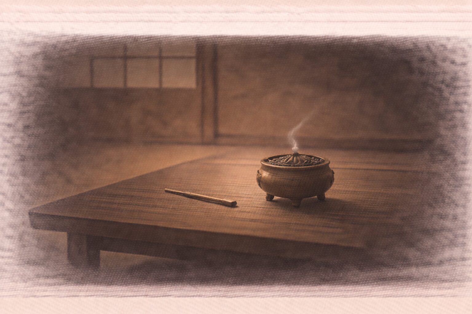 夜更けの卓、消えかけた香炉の灰と倒れた香匙だけが残る静かな余韻の一場面