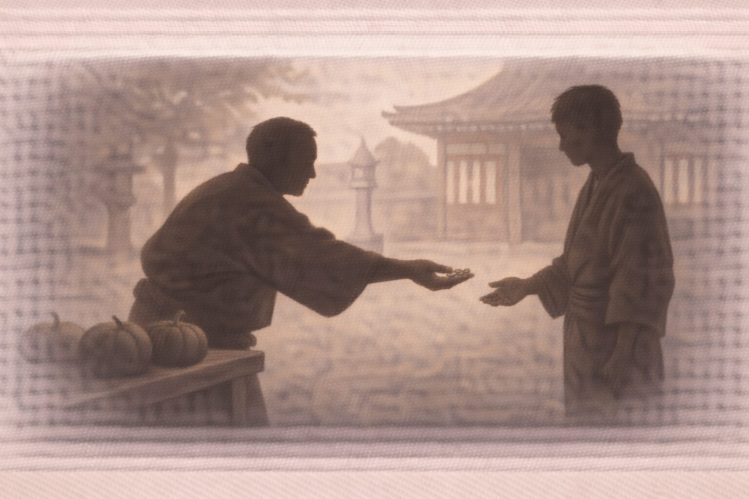 昼の浅草の境内、唐茄子売りの影が若者に銭を返そうとして手を差し出す一場面