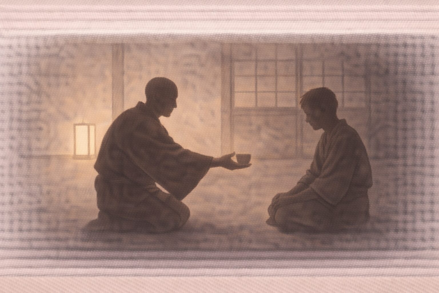 夜の寺の一室、僧の影が座った若者の影に湯呑みを差し出し諭す一場面