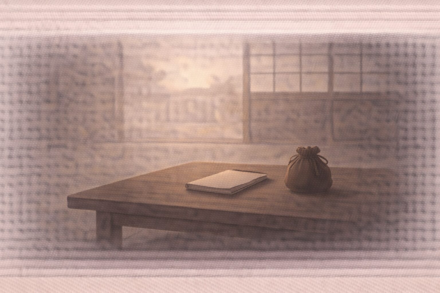 明け方の長屋の部屋、帳面と小さな巾着が並び新しい生活の気配だけが残る余韻の一場面