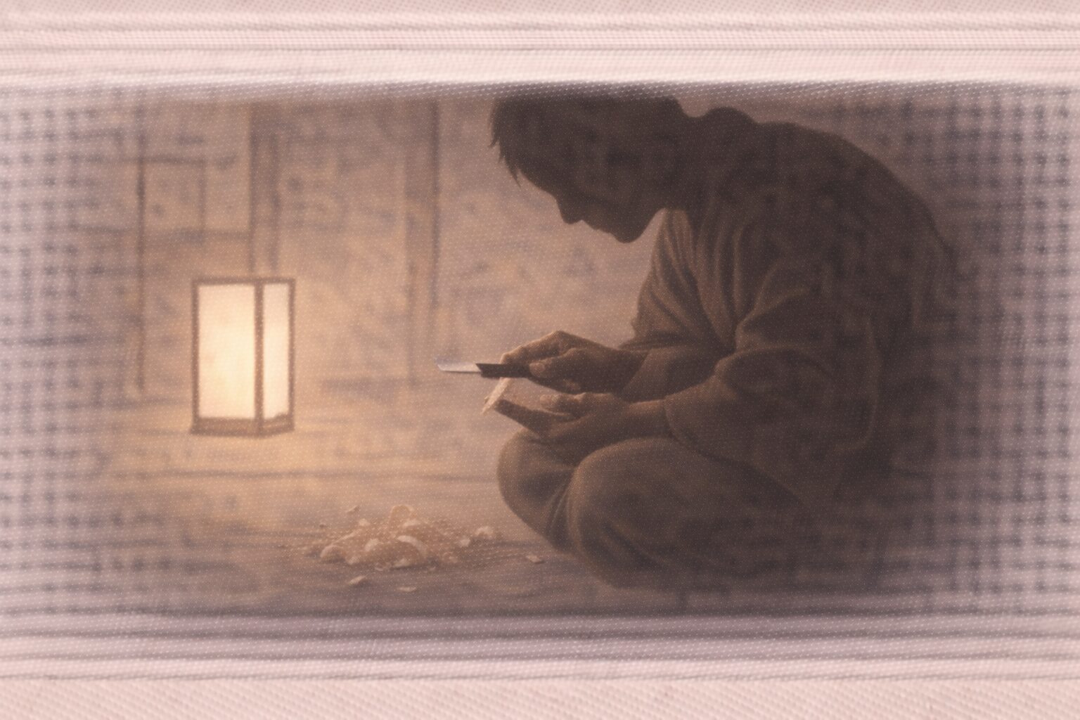 夜の宿の一室、灯りの下で職人の影が小刀を構え木片に向き合う一場面