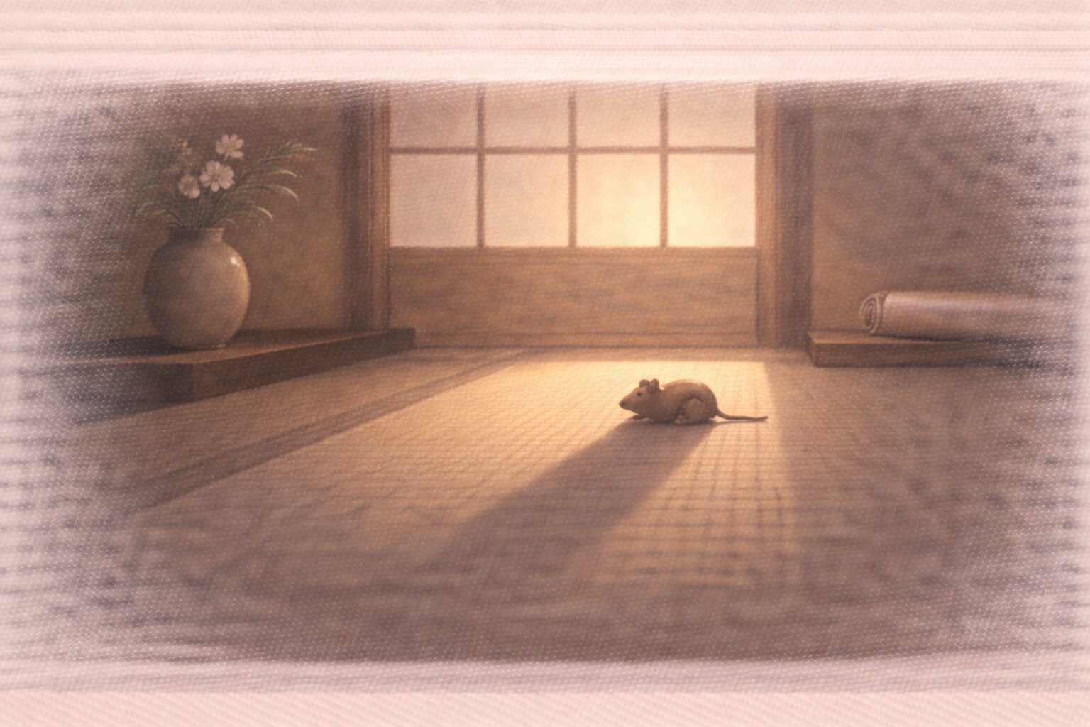 朝の床の間、彫られた小さなねずみの影が障子の光で長く伸びる一場面