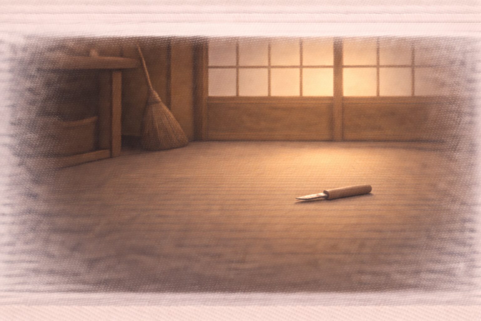 夕暮れの帳場、木屑が掃かれて整った床と、小さな小刀だけが置かれた余韻の一場面