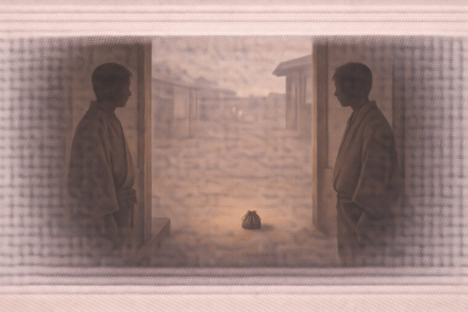 明け方の長屋の玄関先、戸口の内と外で二人の影が向かい合い、間に小銭入れだけが置かれる一場面