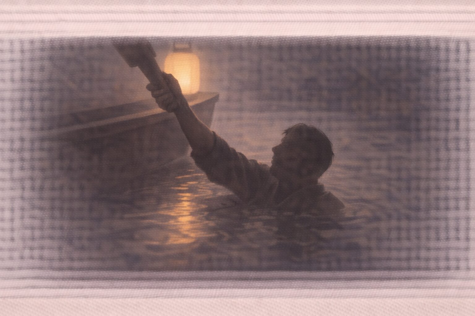 夜の川辺、提灯の光が水面ににじみ、舟べりに伸びる手の影が男を引き上げる一場面