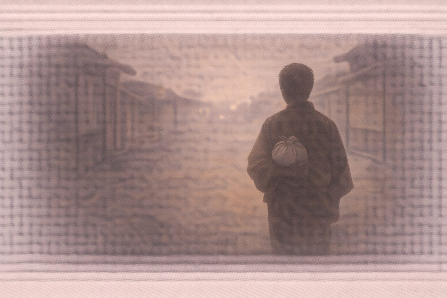 明け方の路地、供え物の包みを胸に抱えた男の影が静かに佃の方向へ歩く一場面