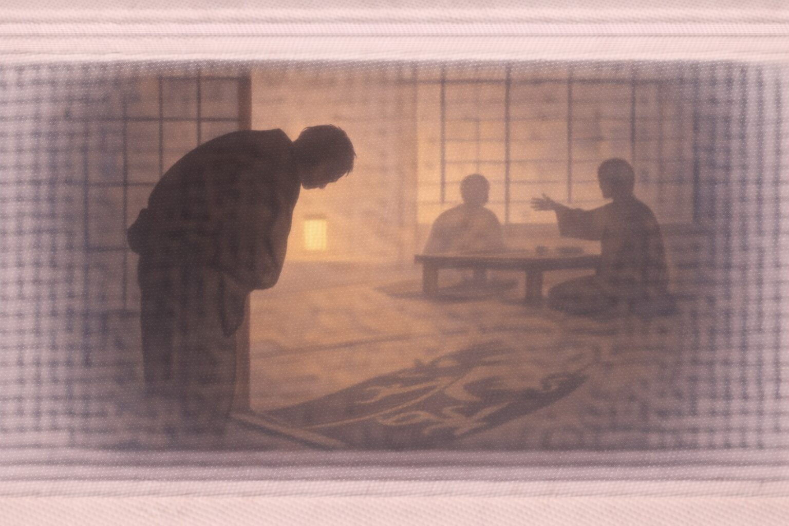 料亭の座敷の入口で奉公人の影が深く頭を下げ、奥の客の影が手招きする一場面