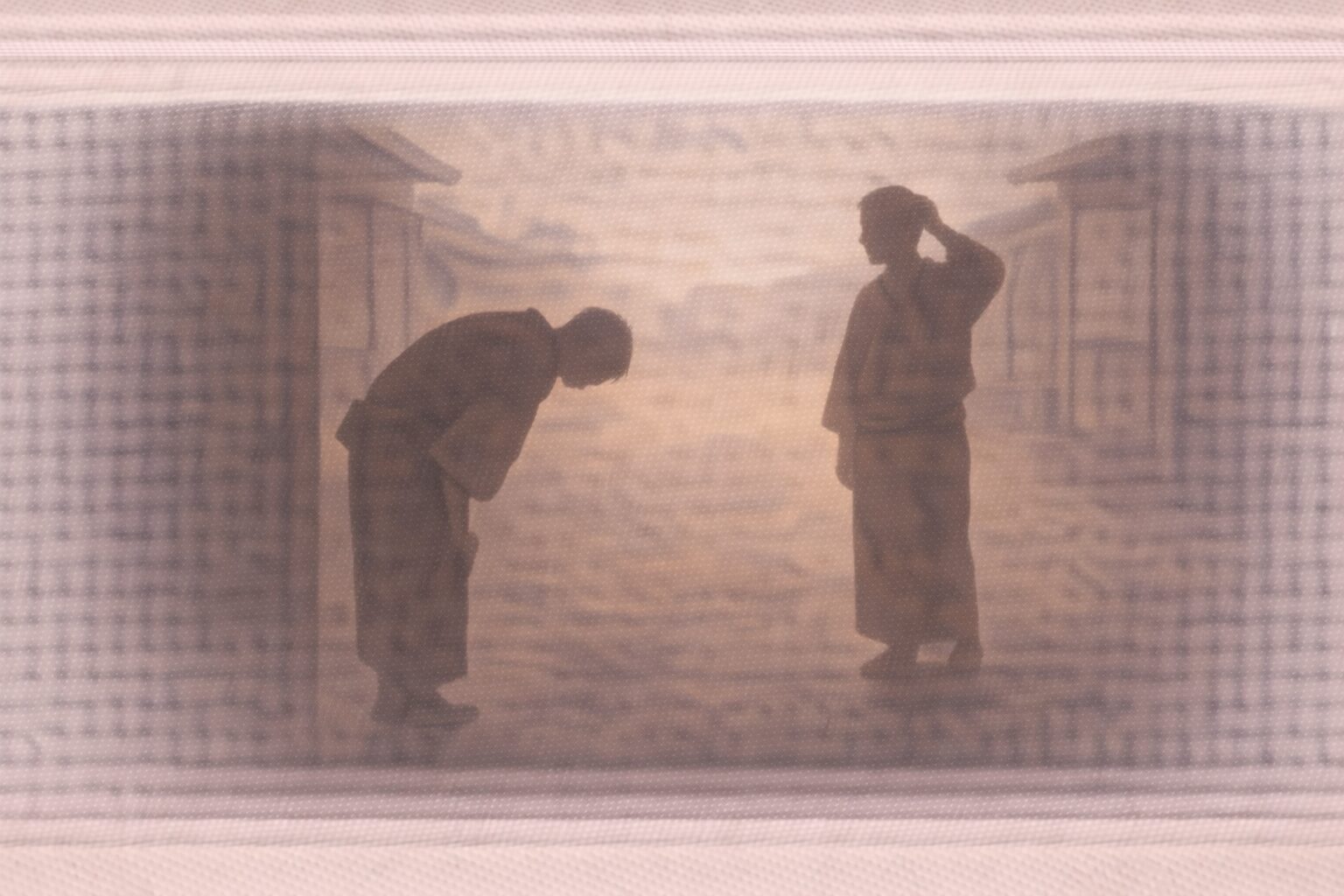 昼の町角で奉公人の影が通行人に頭を下げて尋ね、通行人の影が首をかしげる一場面