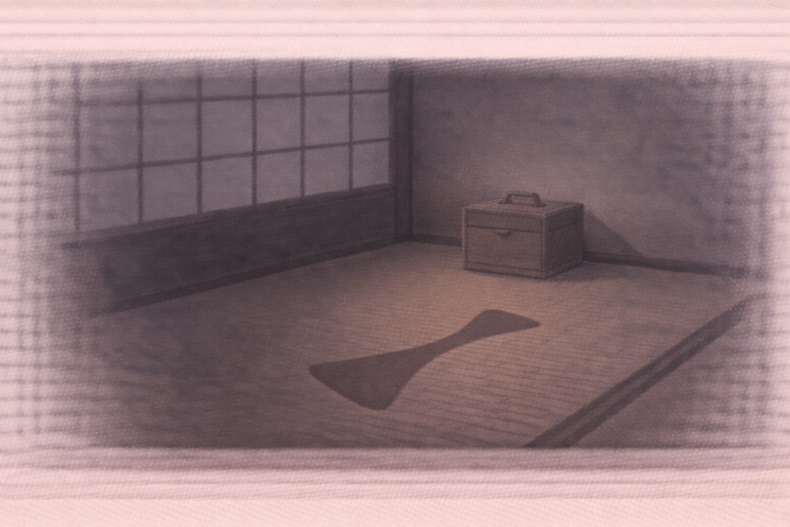 夜の座敷の片隅に小さな薬箱の輪郭だけが置かれ、隣に三味線の撥の形が影として落ちる余韻の一場面