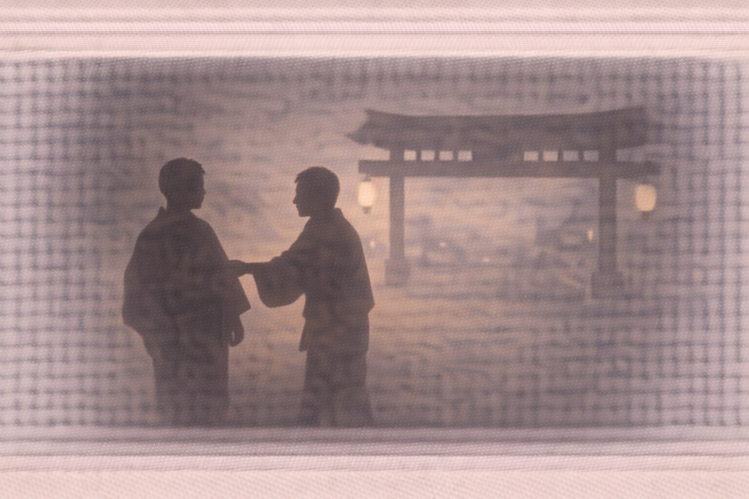 夜の吉原大門の前、悪友の影が若旦那の袖を引いて中へ誘う一場面