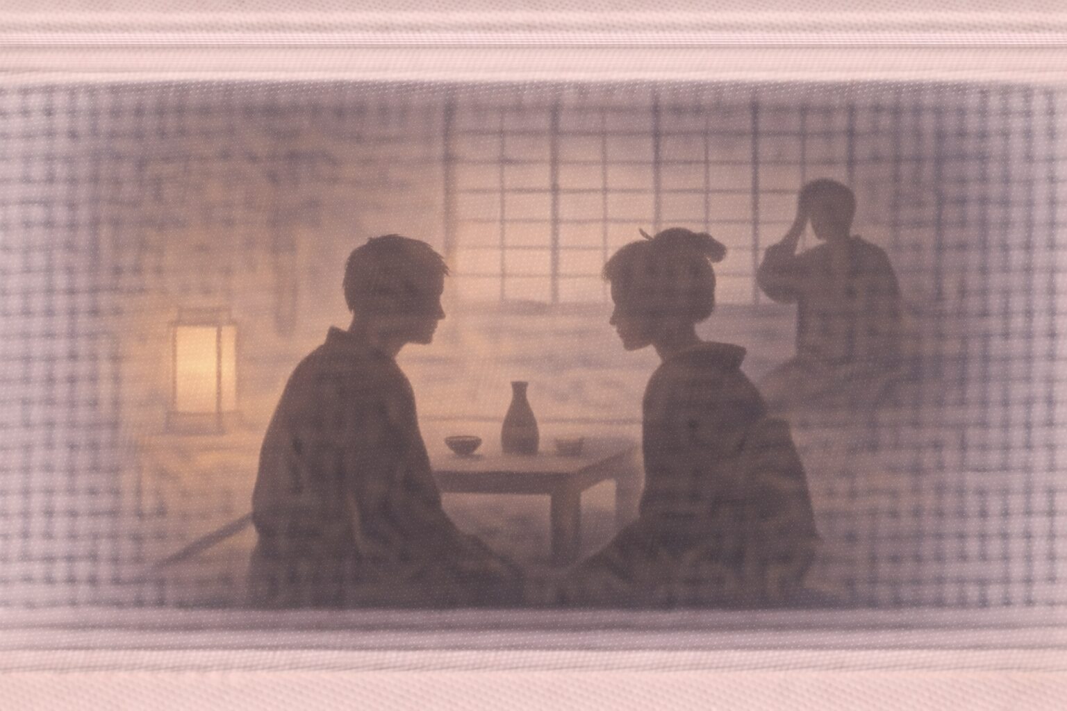 座敷の灯りの下、遊女と若旦那の影が向かい合い、悪友の影が奥で固まる一場面